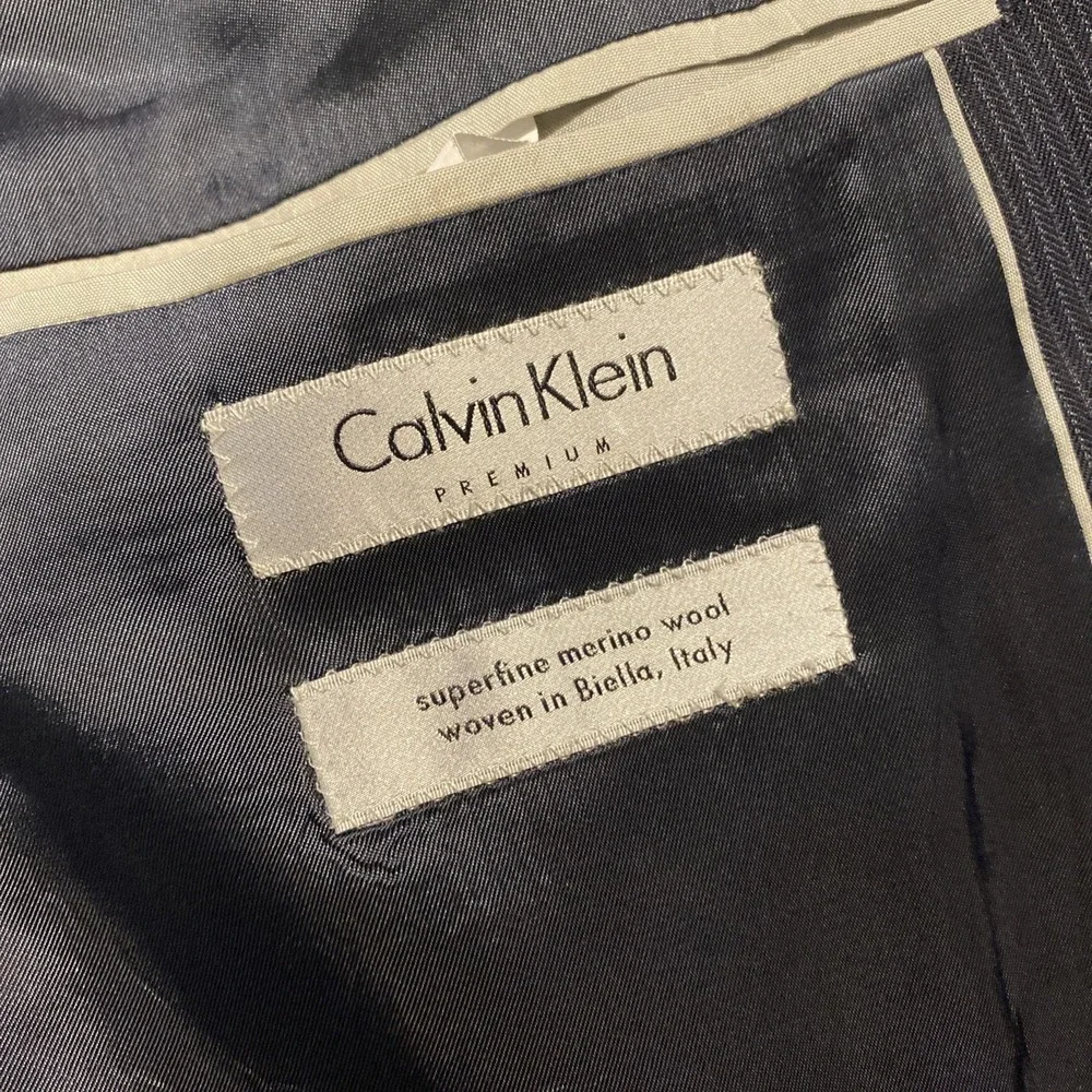 Calvin Klein Mens Black Merino Wool Suit Jacket Sz 44L Striped‎ Classic Career